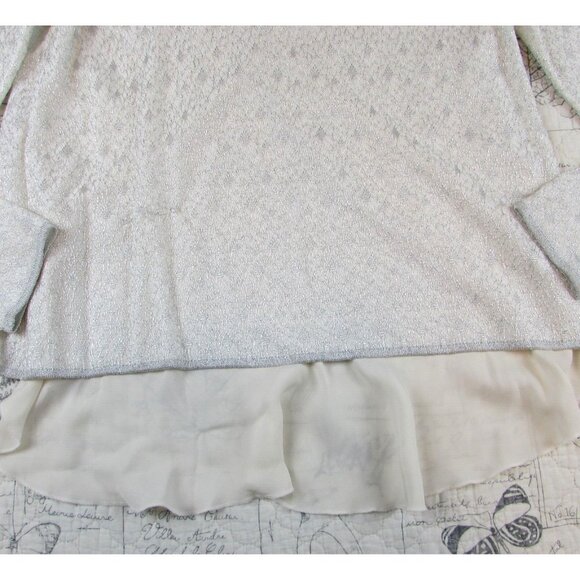 EUC St  John knit top  silver metallic embroidery silk shirt tail open back S - Picture 3 of 7